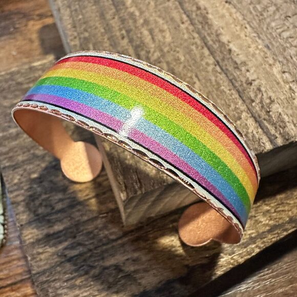 Handmade Boho Copper Wide Cuff Bracelet, Diamond Cut Rainbow Pride Design, Gift - Picture 6 of 11